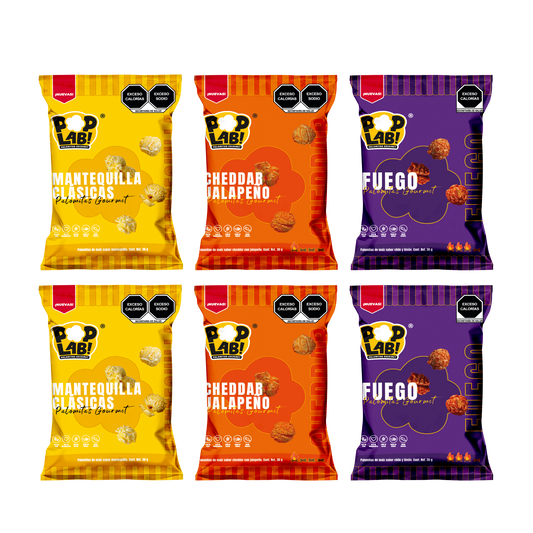 Popcorn - Butter, Jalapeño Cheddar and Fuego (6 pieces)